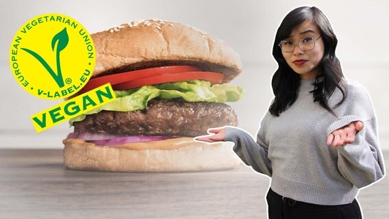 Im Hintergrund ist ein Burger zu sehen. Oben links ein Vegan Siegel und rechts die NDR Reporterin Nhi Le mit einer fragenden Haltung © LaxNacion 